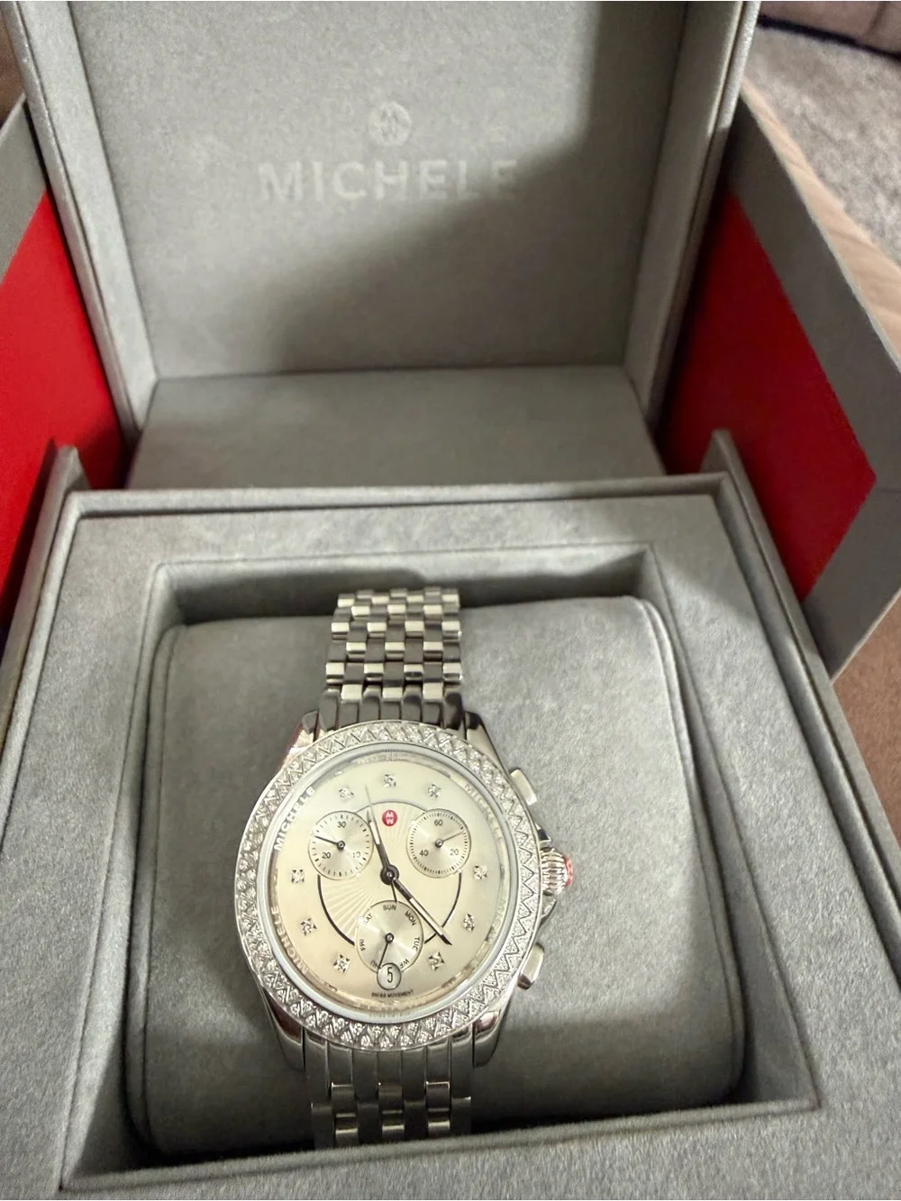 Michele Silver Diamond-Accent Chronograph Watch with Mother-of-Pearl Dial